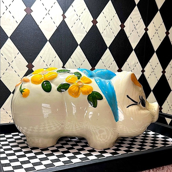Oversized Chunky Piggy Ceramic Bank 14” Floral & Bow Decor – Whimsy Vintage - Picture 8 of 11